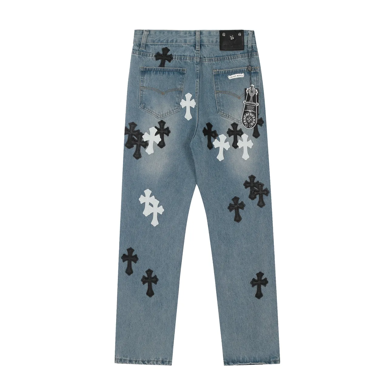 KE971#P240 The only correct leather label version on the market Chrome Hearts CH Cross embroidery distressed jeans Top ceiling quality 100% correct version The correct version is here!  Believe me this must be the best quality you will ever come across! ! Excellent value for money! !  Styles with different washes and textures are very friendly to people with thin legs and thick legs. The straight version is very flattering to the shape of the legs. The moderate length is timeless and easy to match. It is the basis of various styles and a must-have in the wardrobe! ! Add a little stacking to easily control this year's popular clean fit fabric. The fabric is stiff but the upper body is soft without losing texture. The sides and cuffs of some styles have a bone-wash effect. It's really hard not to love it! The outfit effect is immediate! ✅Correctly customize the Croxin metal leather label on the back panel. It is not sold directly with the cross on the finished jeans. 1:1 copying strives for excellence and the details are perfectly grasped. ✅The cross leather label is clear and smooth. Exquisite turning top craftsmanship. ✅Buttons, zippers and hardware are all customized versions of the Croxin LOGO. ✅High-cost washing process. Size: 28 30 32 34 36 (5 sizes)